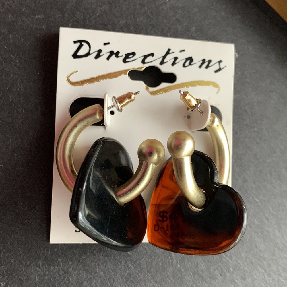 Rare Vintage large tortoise Shell heart metallic gold ring studs earrings NWT